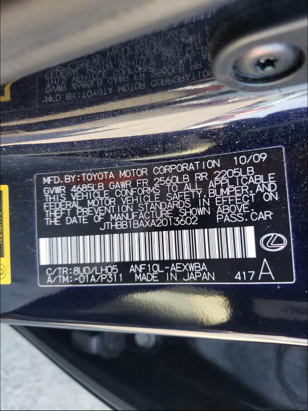 2010 LEXUS HS 250H JTHBB1BAXA2013602