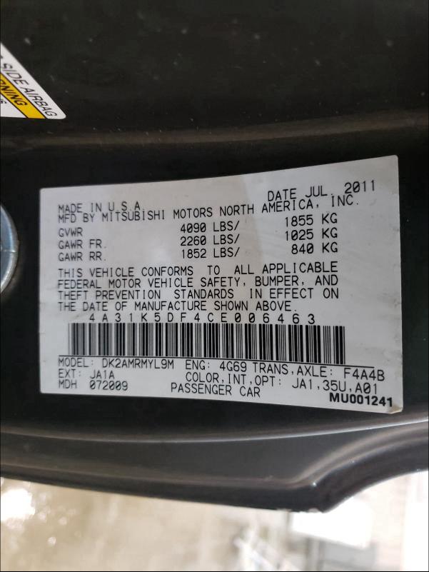 2012 MITSUBISHI ECLIPSE GS 4A31K5DF4CE006463
