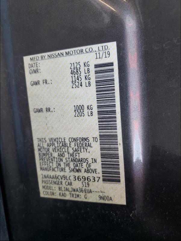 2020 NISSAN MAXIMA SV 1N4AA6CV9LC369637