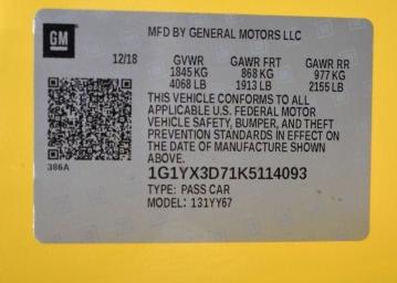 2019 CHEVROLET CORVETTE G 1G1YX3D71K5114093