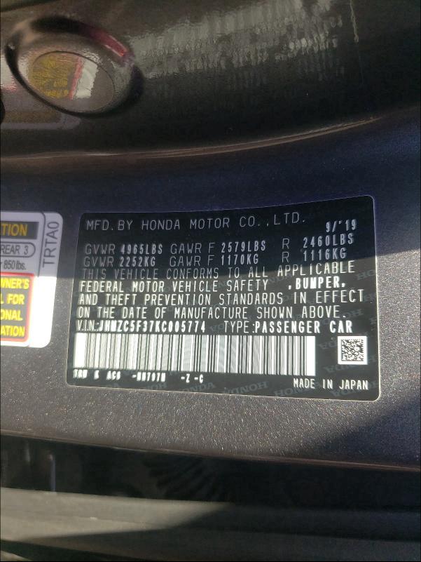 2019 HONDA CLARITY TO JHMZC5F37KC005774