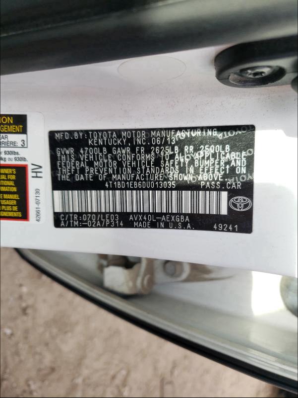 2013 TOYOTA AVALON HYB 4T1BD1EB6DU013035