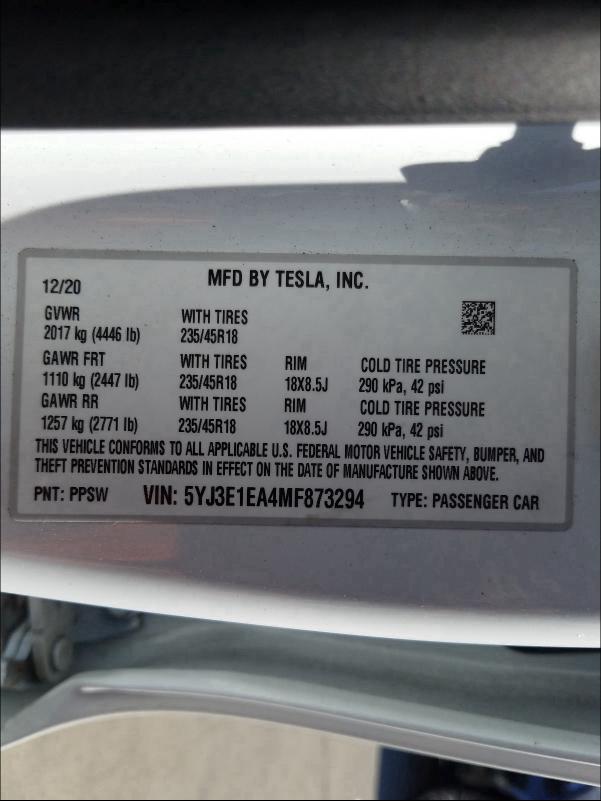 2021 TESLA MODEL 3 5YJ3E1EA4MF873294