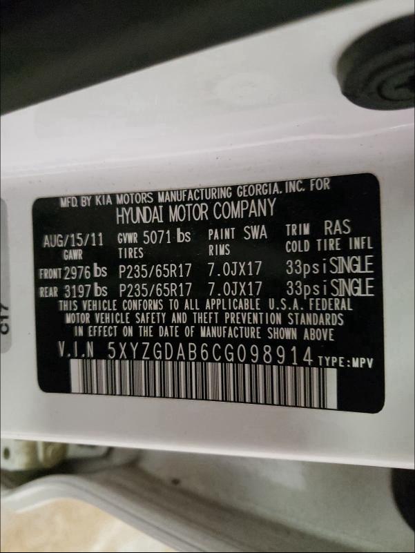 2012 HYUNDAI SANTA FE G 5XYZGDAB6CG098914
