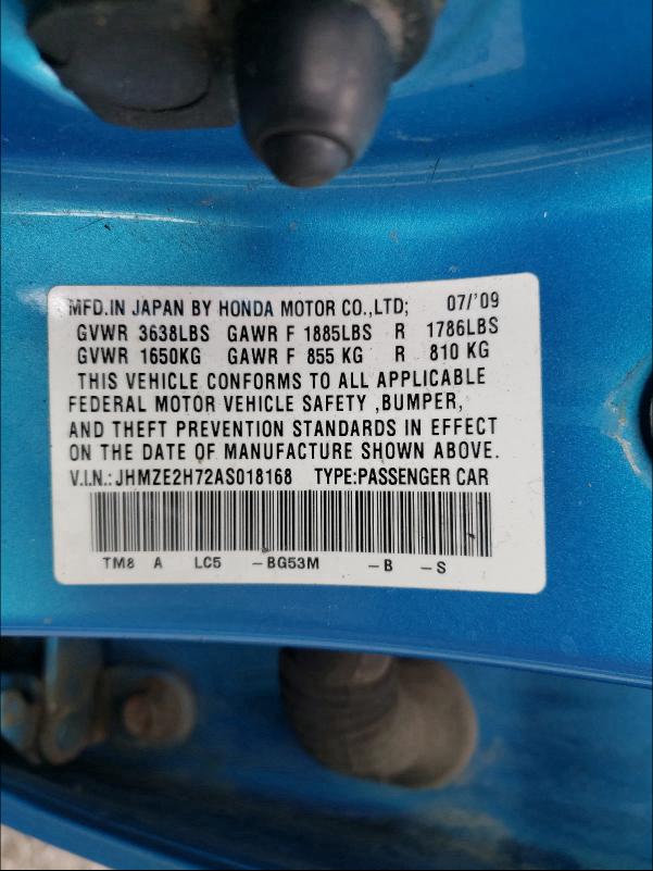 2010 HONDA INSIGHT EX JHMZE2H72AS018168