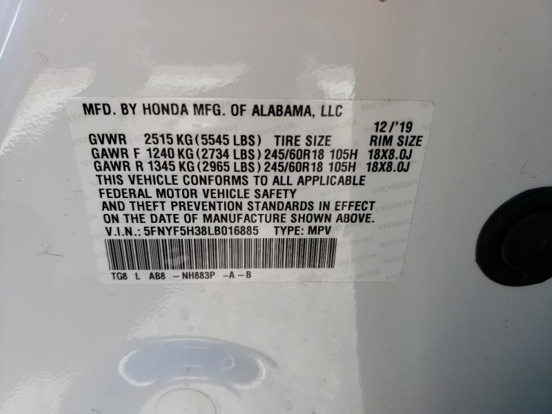 2020 HONDA PILOT EX 5FNYF5H38LB016885