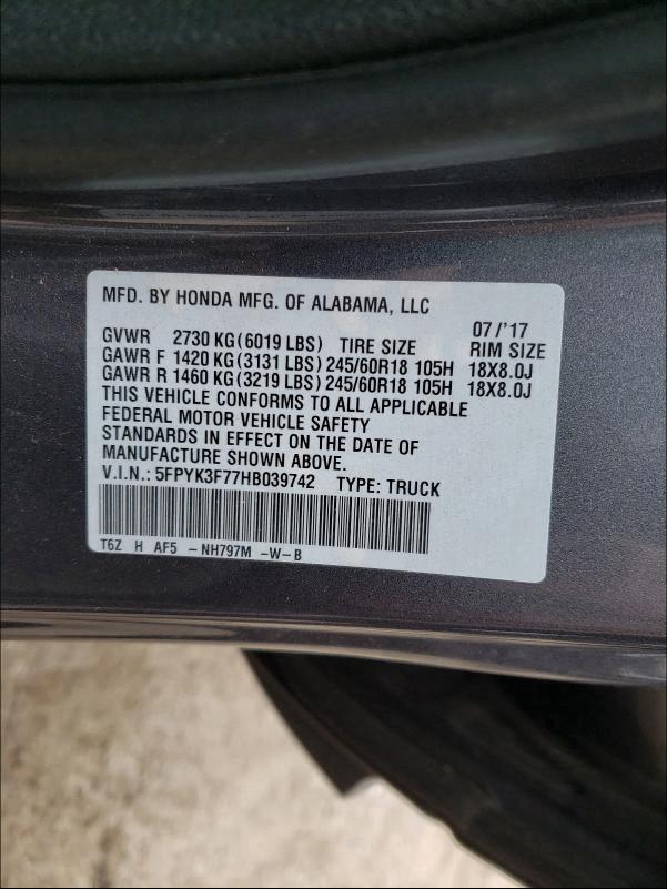 2017 HONDA RIDGELINE 5FPYK3F77HB039742
