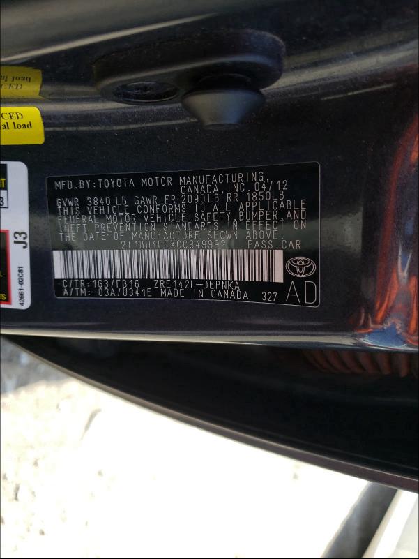 2012 TOYOTA COROLLA BA 2T1BU4EEXCC849992