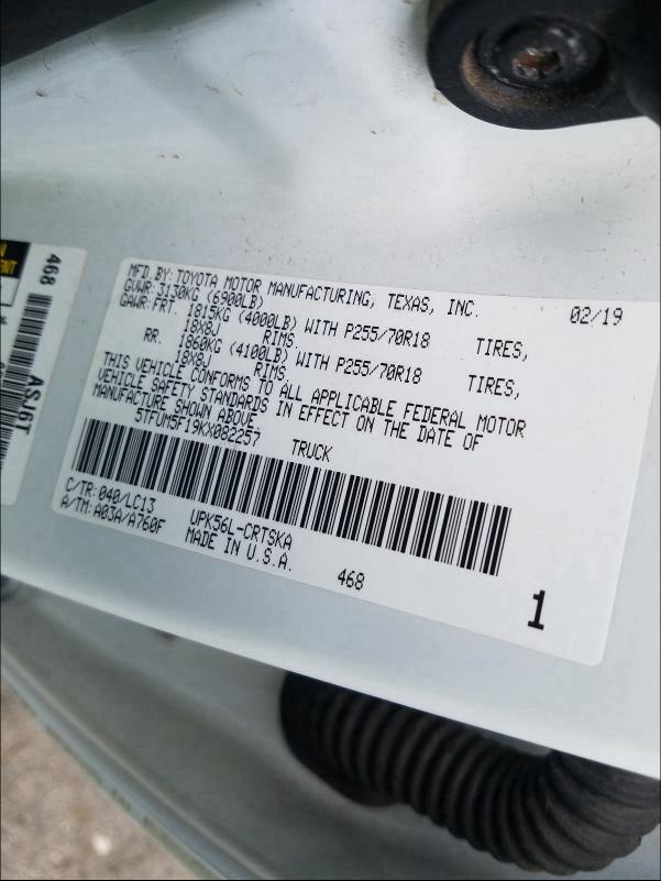 2019 TOYOTA TUNDRA DOU 5TFUM5F19KX082257