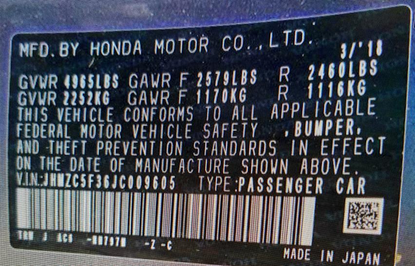 2018 HONDA CLARITY TO JHMZC5F36JC009605