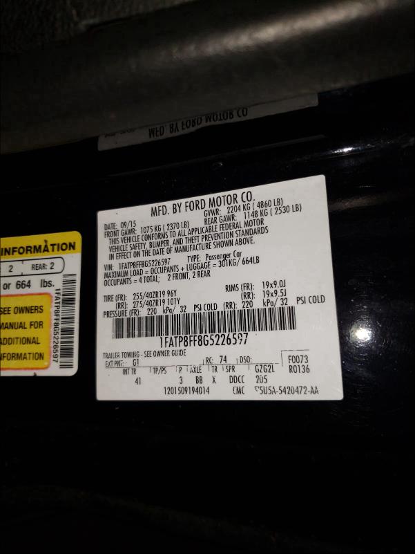 2016 FORD MUSTANG GT 1FATP8FF8G5226597