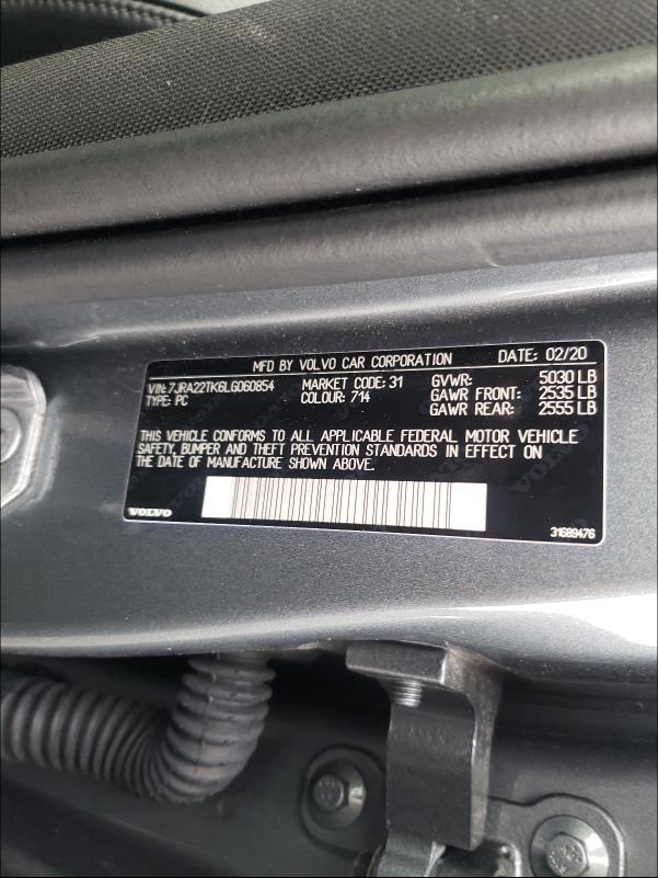 2020 VOLVO S60 T6 MOM 7JRA22TK6LG060854