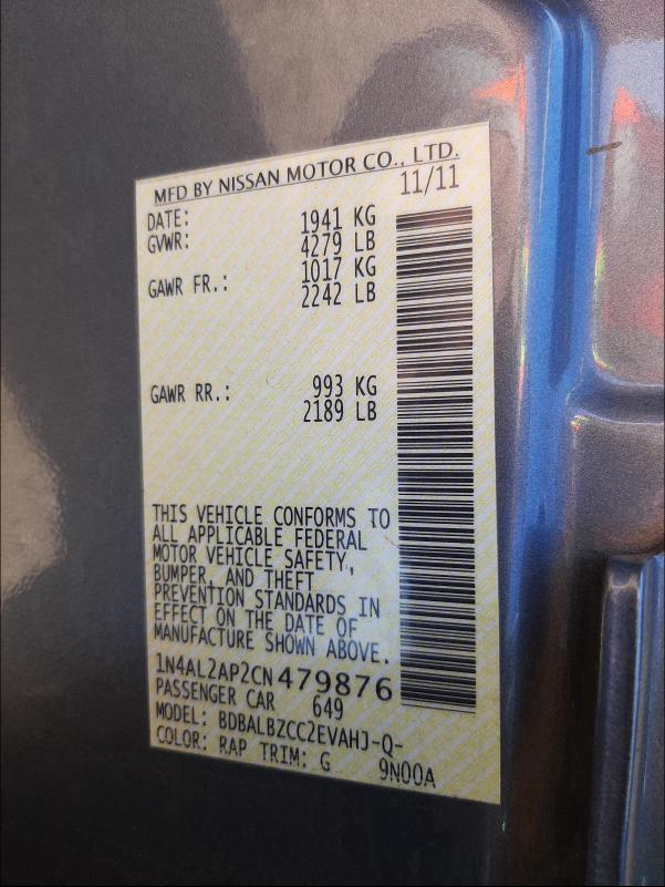 2012 NISSAN ALTIMA BAS 1N4AL2AP2CN479876