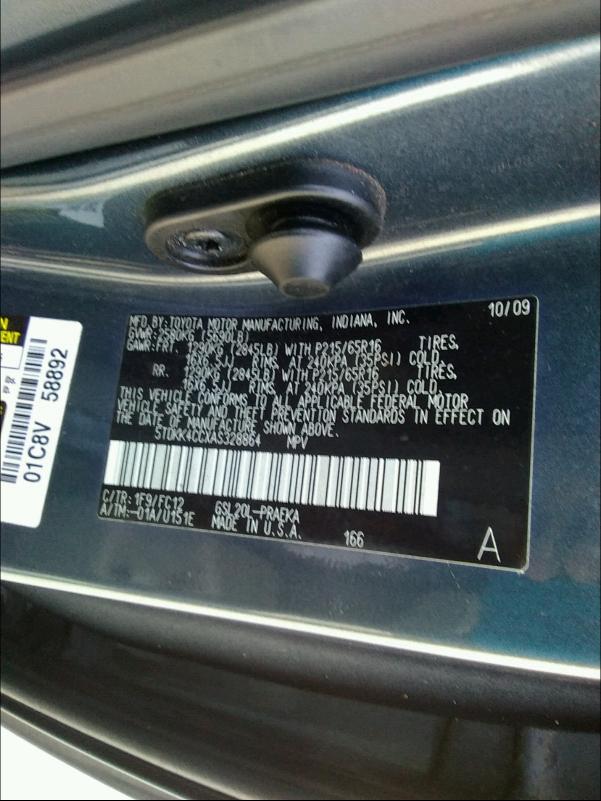 2010 TOYOTA SIENNA CE 5TDKK4CCXAS328864
