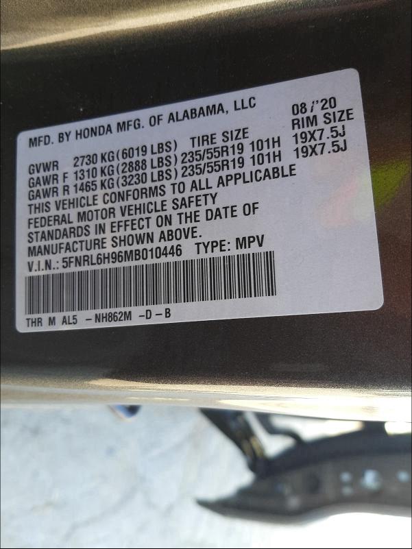 2021 HONDA ODYSSEY EL 5FNRL6H96MB010446