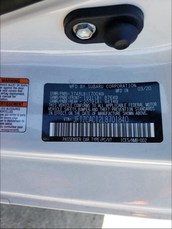 2020 SUBARU BRZ LIMITE JF1ZCAC12L8701840