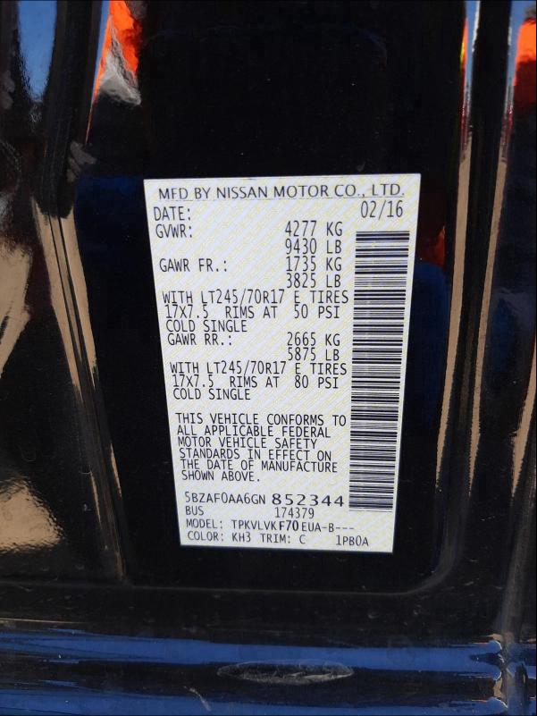 2016 NISSAN NV 3500 S 5BZAF0AA6GN852344