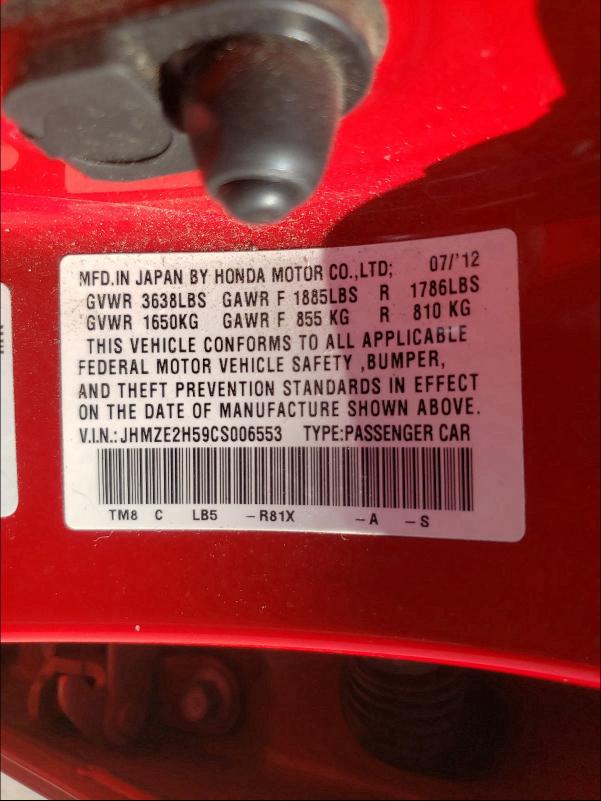 2012 HONDA INSIGHT LX JHMZE2H59CS006553