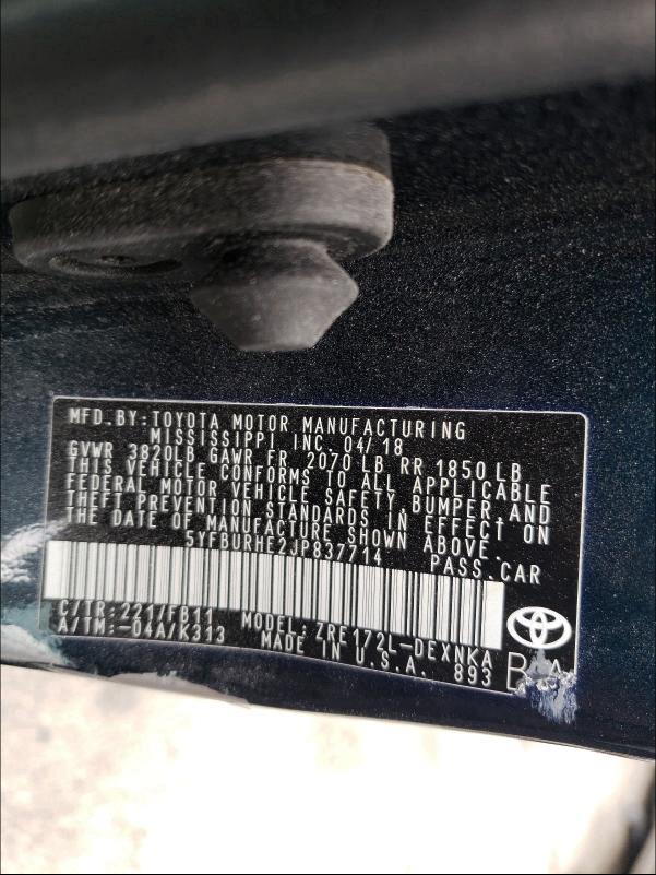2018 TOYOTA COROLLA L 5YFBURHE2JP837714