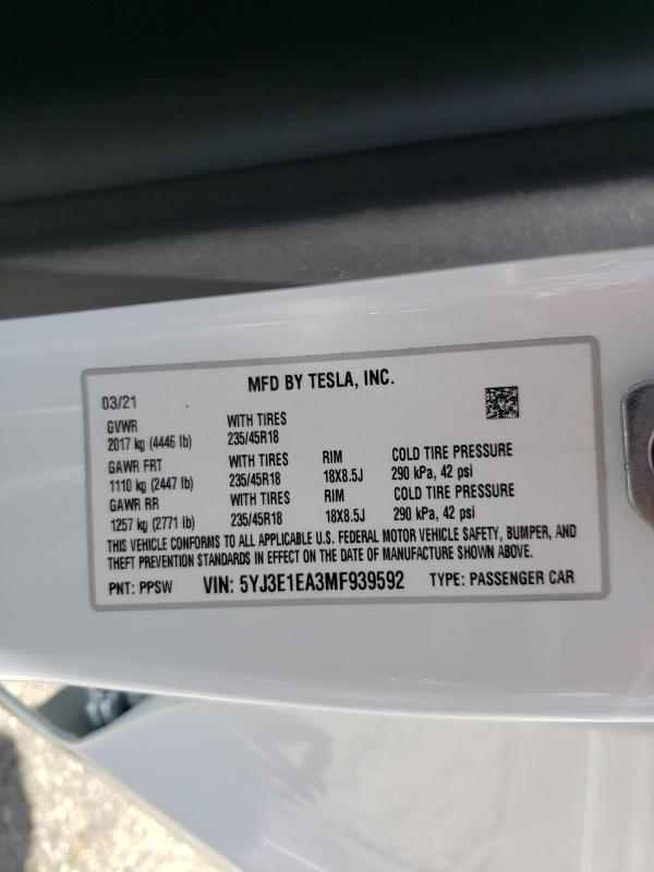 2021 TESLA MODEL 3 5YJ3E1EA3MF939592