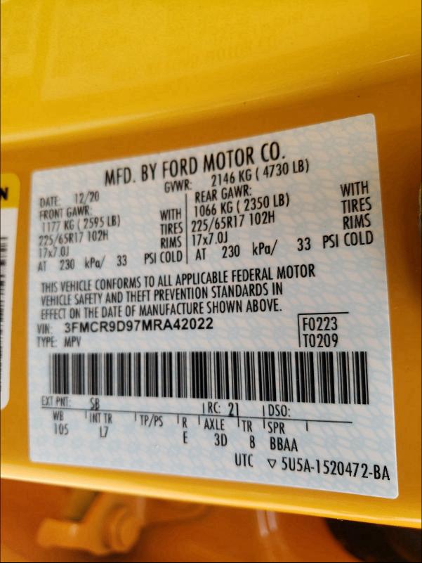 2021 FORD BRONCO SPO 3FMCR9D97MRA42022