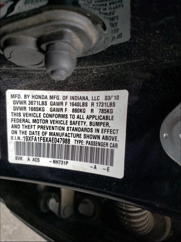 2010 HONDA CIVIC LX-S 19XFA1F6XAE047988