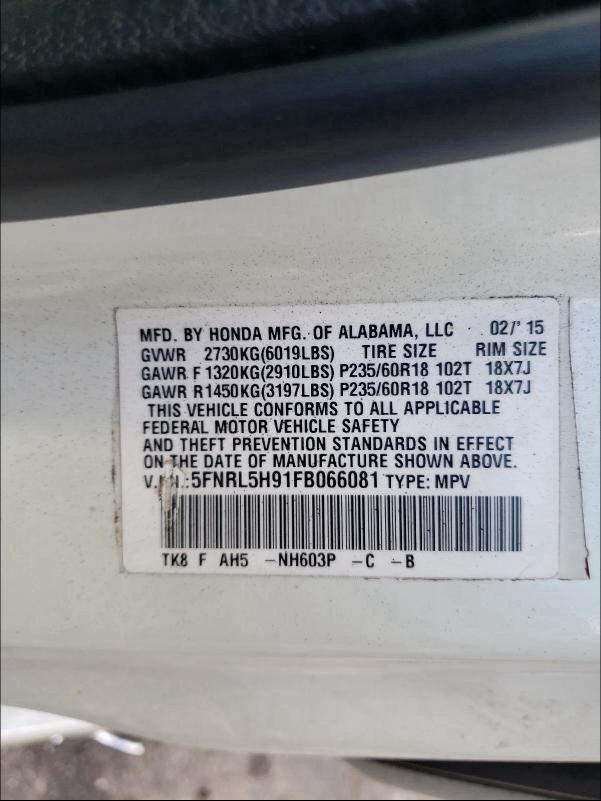 2015 HONDA ODYSSEY TO 5FNRL5H91FB066081