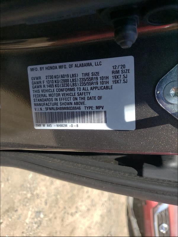2021 HONDA ODYSSEY TO 5FNRL6H89MB038846
