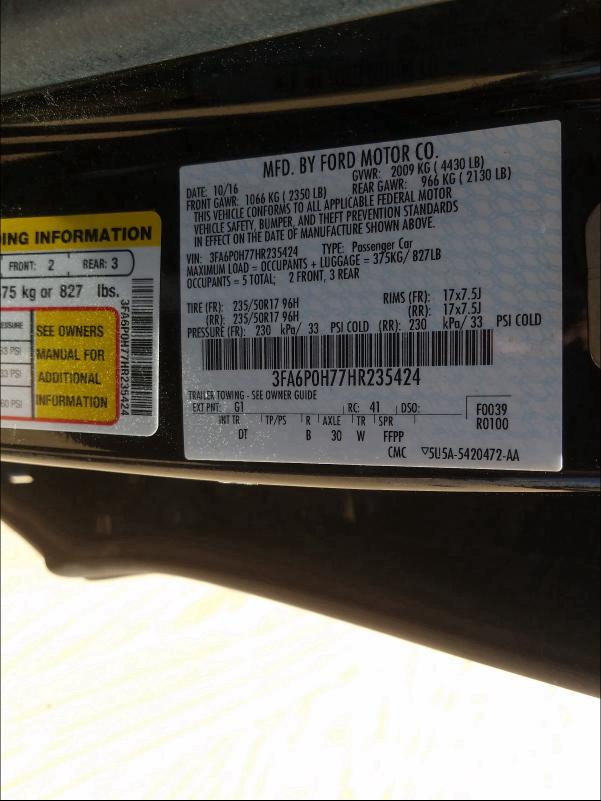 3FA6P0H77HR235424 FORD FUSION 2017