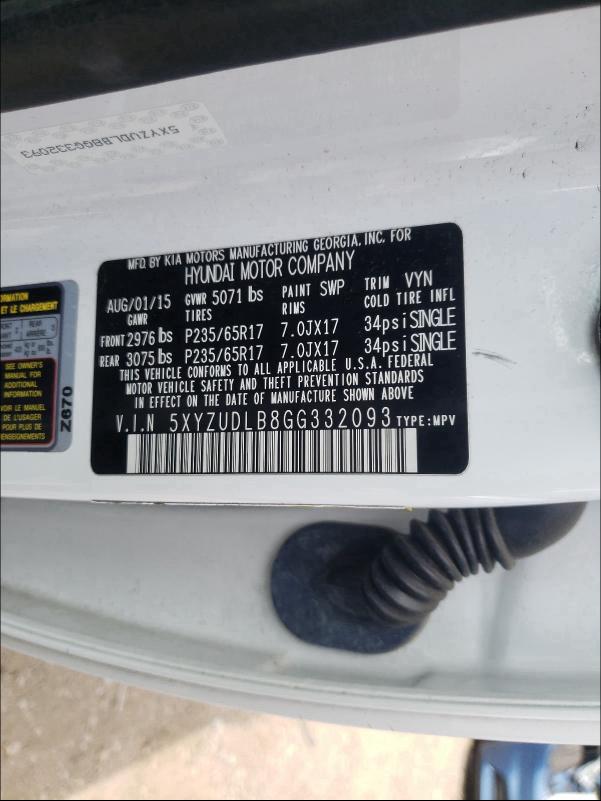 2016 HYUNDAI SANTA FE S 5XYZUDLB8GG332093