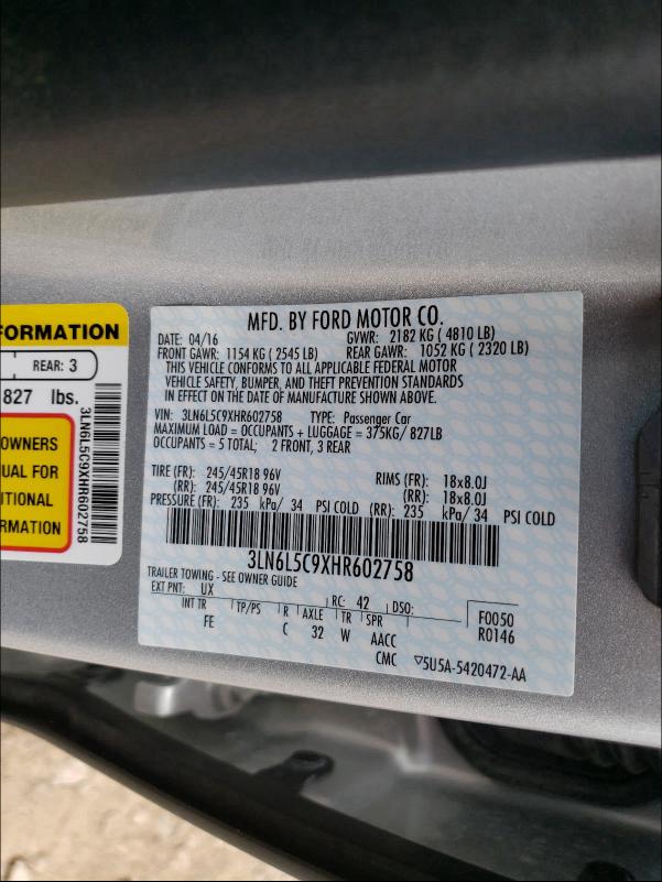 2017 LINCOLN MKZ SELECT 3LN6L5C9XHR602758