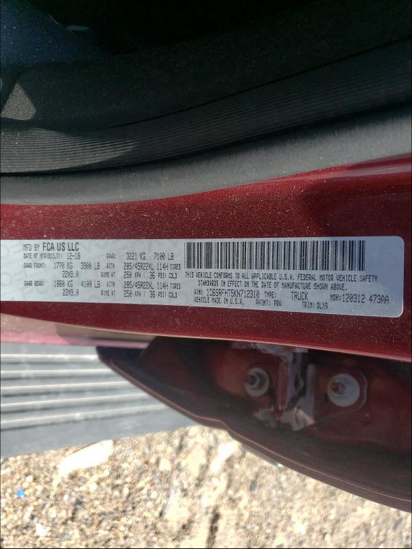 2019 RAM 1500 LIMIT 1C6SRFHT5KN712310