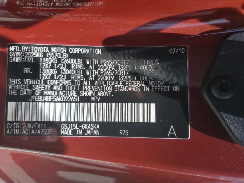 2010 TOYOTA FJ CRUISER JTEBU4BF5AK092651