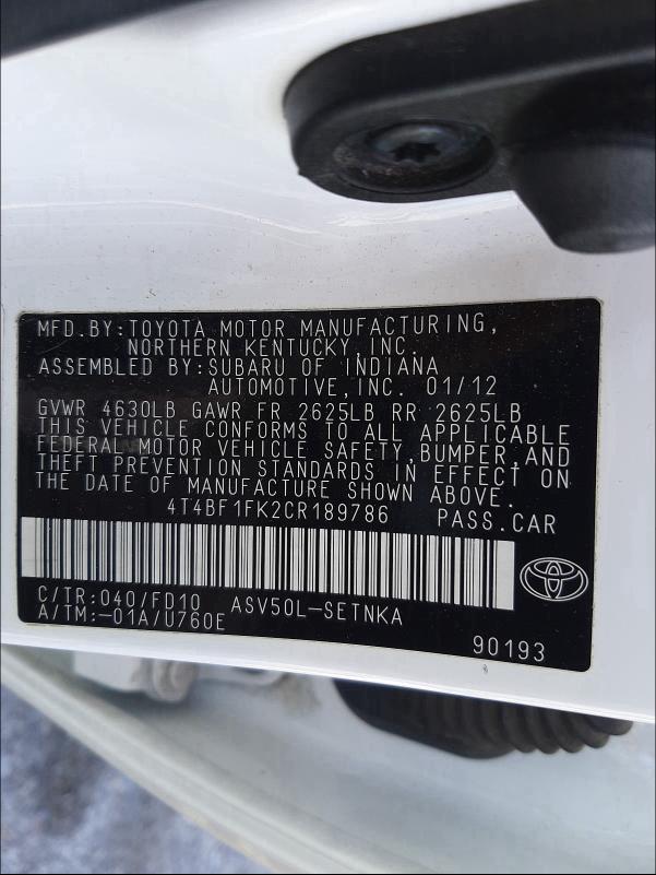 2012 TOYOTA CAMRY BASE 4T4BF1FK2CR189786