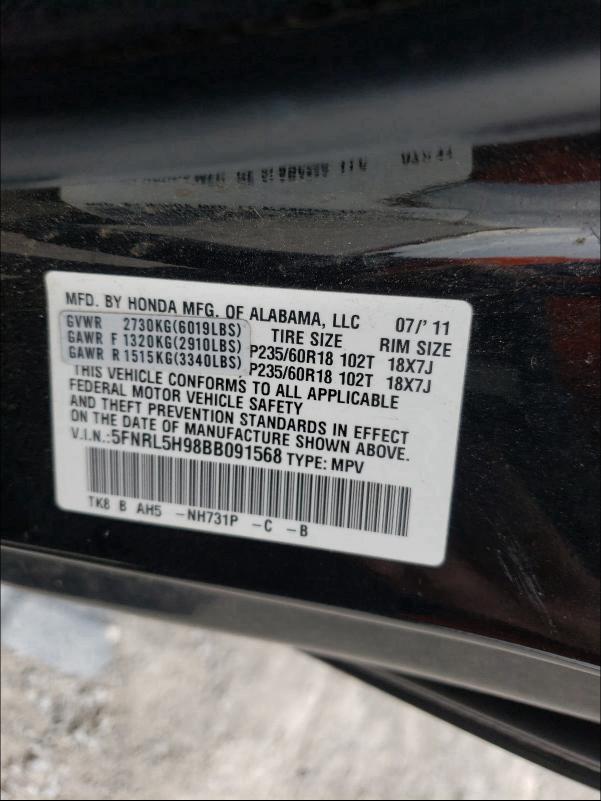 2011 HONDA ODYSSEY TO 5FNRL5H98BB091568