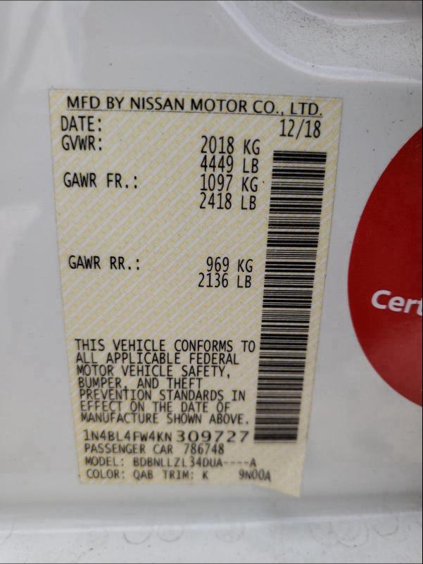 2019 NISSAN ALTIMA PLA 1N4BL4FW4KN309727