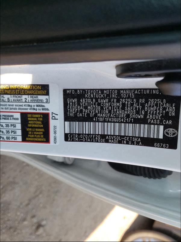 2016 TOYOTA CAMRY 4T1BF1FK0GU542171
