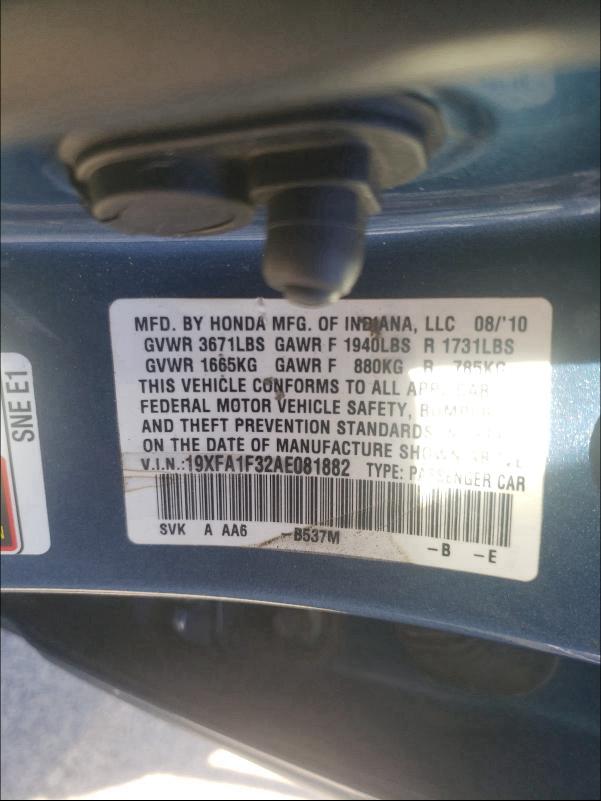 2010 HONDA CIVIC VP 19XFA1F32AE081882