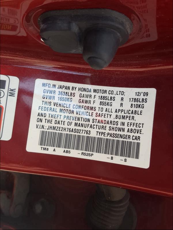 2010 HONDA INSIGHT EX JHMZE2H76AS027763