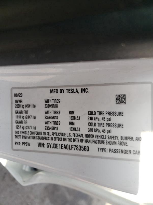 2020 TESLA MODEL 3 5YJ3E1EA0LF783560