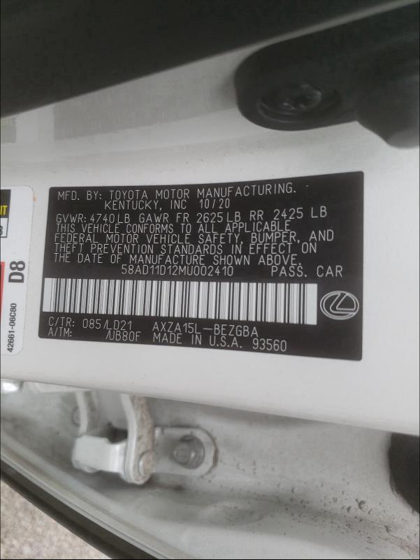 2021 LEXUS ES 250 BAS 58AD11D12MU002410