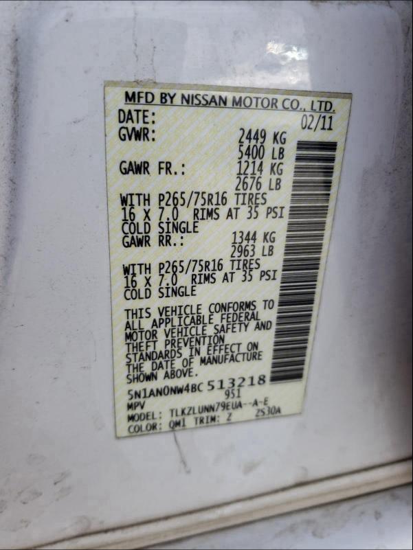 2011 NISSAN XTERRA OFF 5N1AN0NW4BC513218
