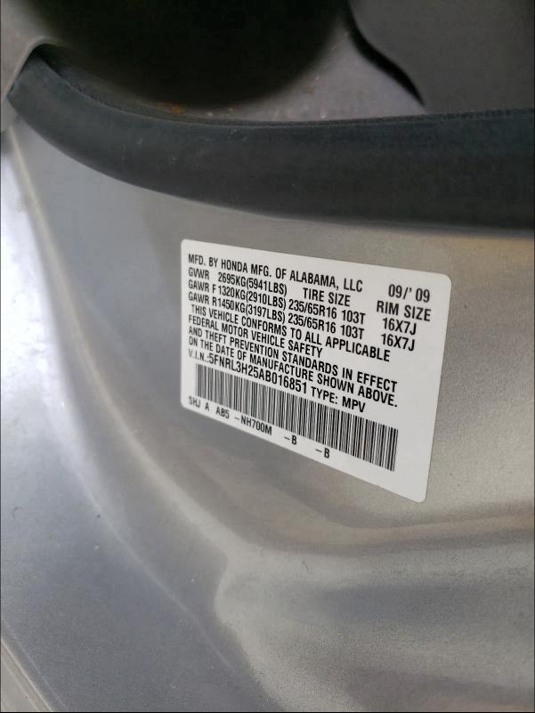 2010 HONDA ODYSSEY 5FNRL3H25AB016851