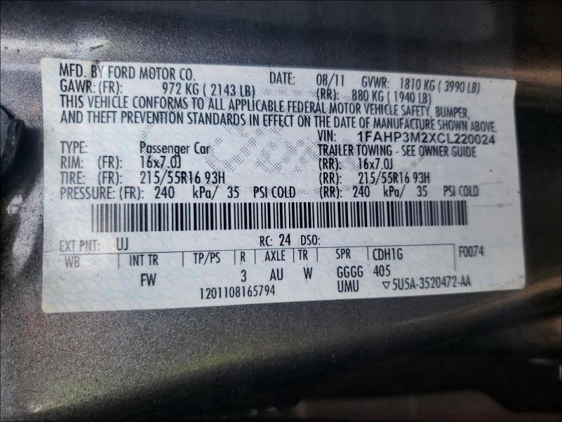 2012 FORD FOCUS 1FAHP3M2XCL220024