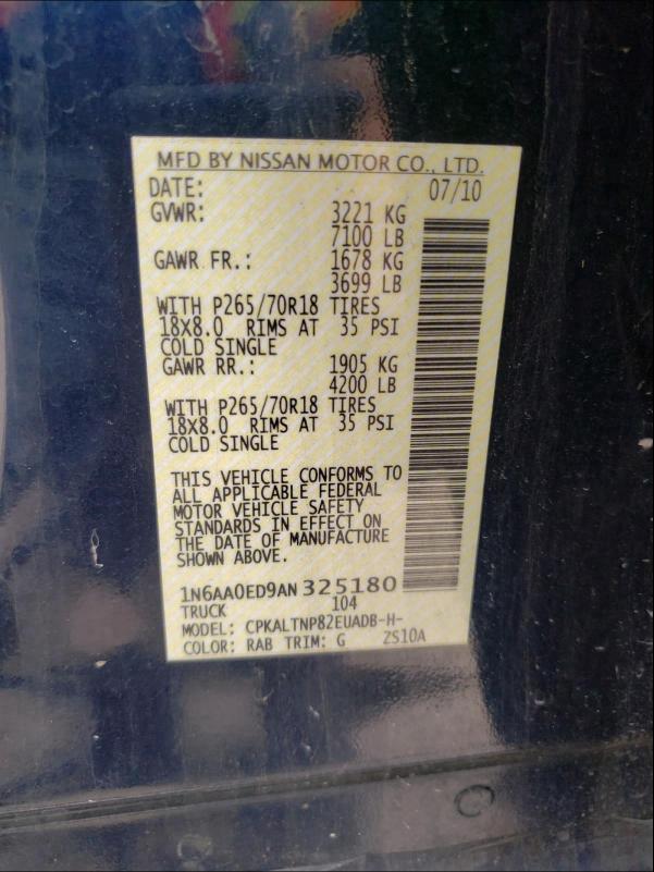 2010 NISSAN TITAN XE 1N6AA0ED9AN325180