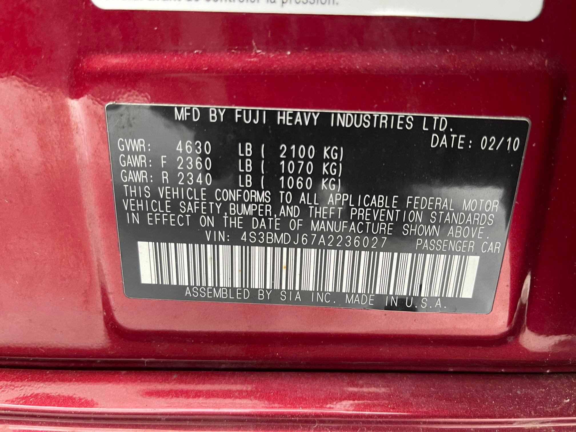 2010 SUBARU LEGACY 3.6 4S3BMDJ67A2236027