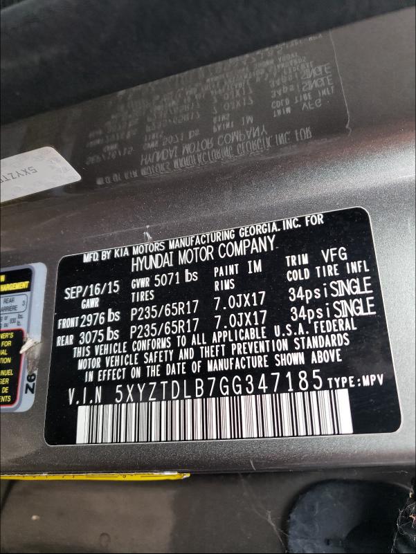 2016 HYUNDAI SANTA FE S - 5XYZTDLB7GG347185