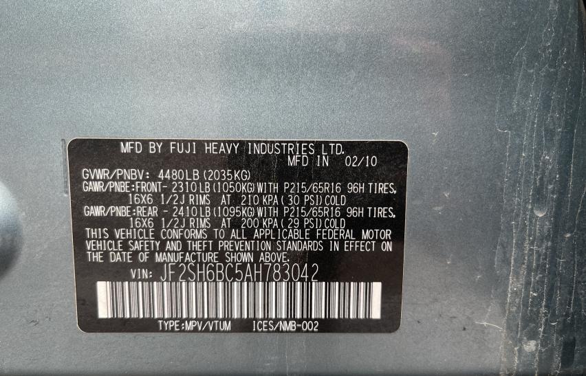 2010 SUBARU FORESTER X JF2SH6BC5AH783042