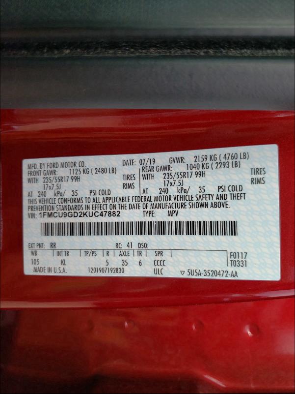 2019 FORD ESCAPE SE 1FMCU9GD2KUC47882