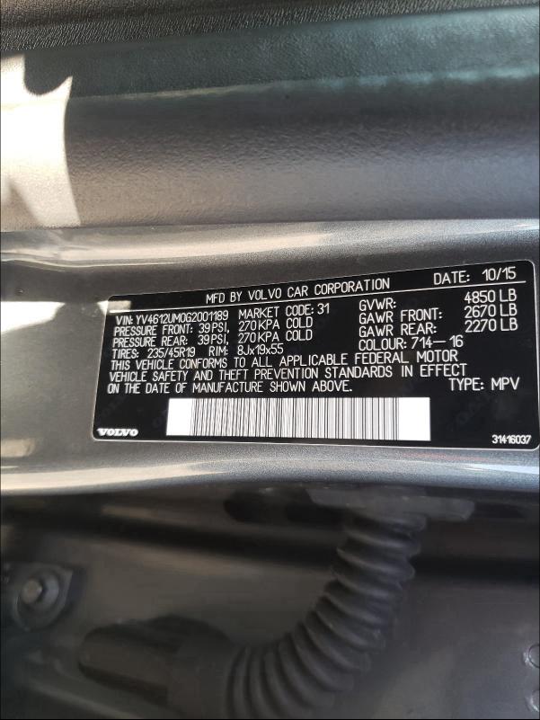 2016 VOLVO S60 CROSS YV4612UM0G2001189